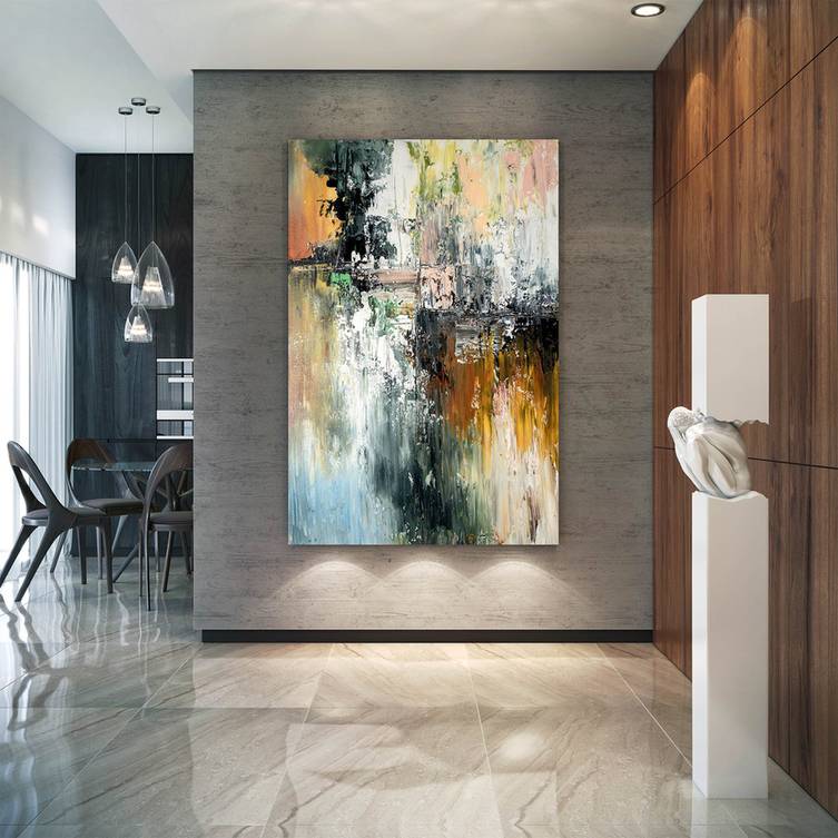 Hallway Handmade Hand-painted Contemporary Pink White Abstract Y0QB9